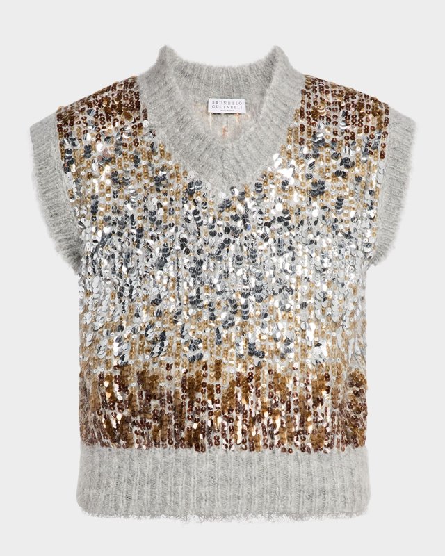 Multi-Size Degrade Pailette Mohair V-Neck Sweat